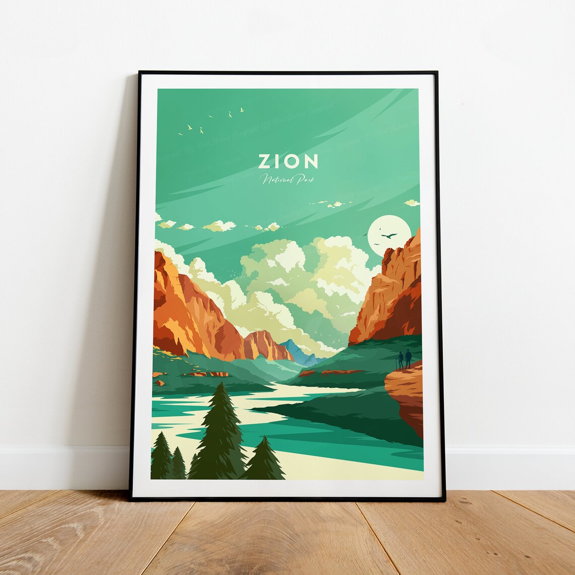 Zion National Park Red Rock Canyon Overlook Hikers Travel Poster