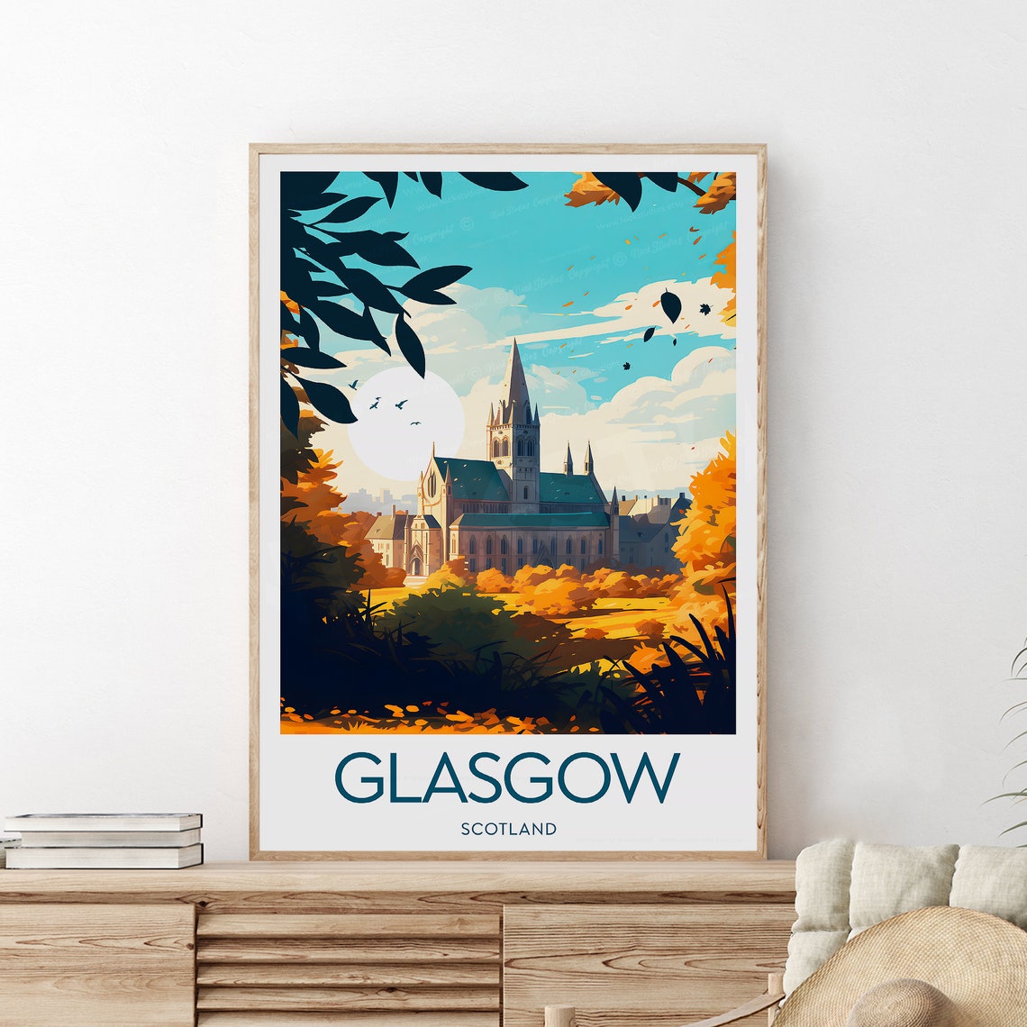 Glasgow Cathedral Golden Autumn Sunset Scotland Travel Poster