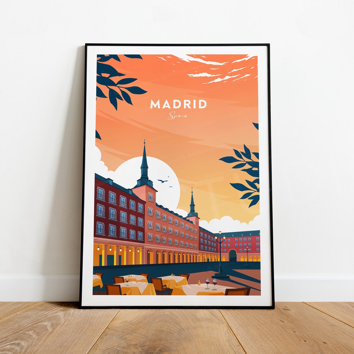 Madrid Spain Plaza Mayor Sunset Warm Orange Sky Travel Poster