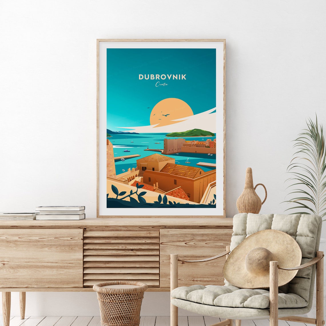 Dubrovnik Croatia Old Town Harbor Golden Sunset Travel Poster
