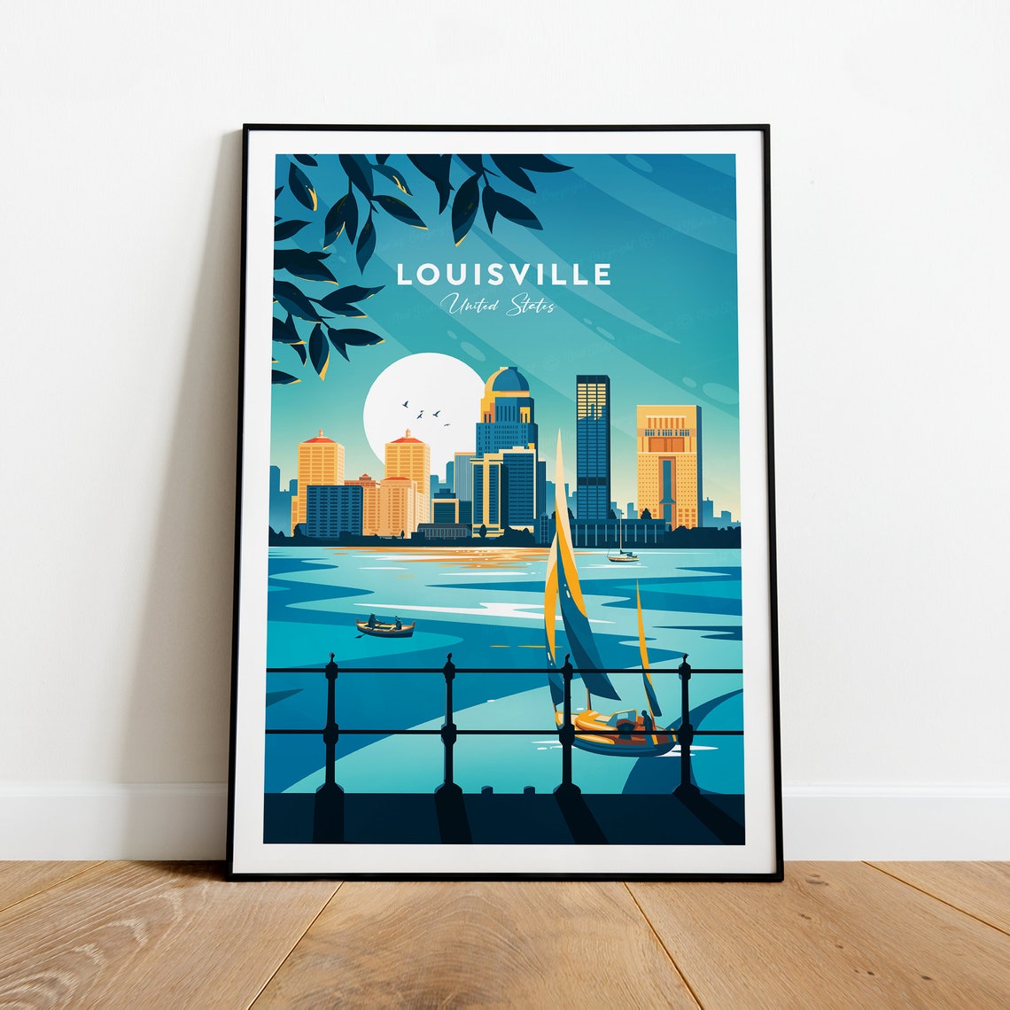 Louisville Kentucky Waterfront Skyline Sailboat Travel Poster