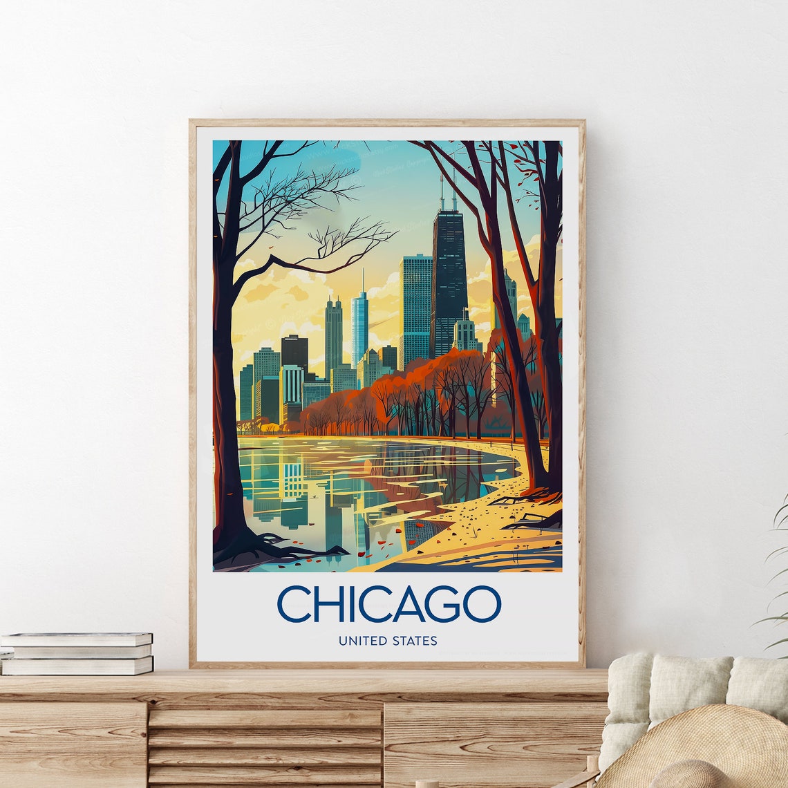 Chicago United States Skyline Autumn Lakeshore Reflection Poster - Image 2