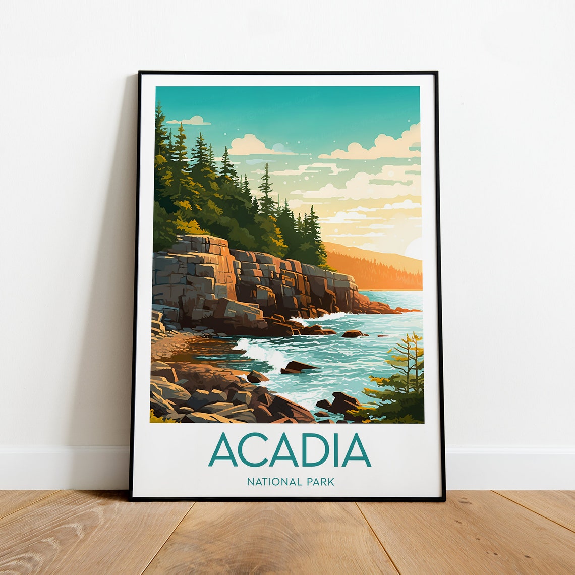 Acadia National Park Rocky Coast Pines Crashing Waves Poster - Image 2