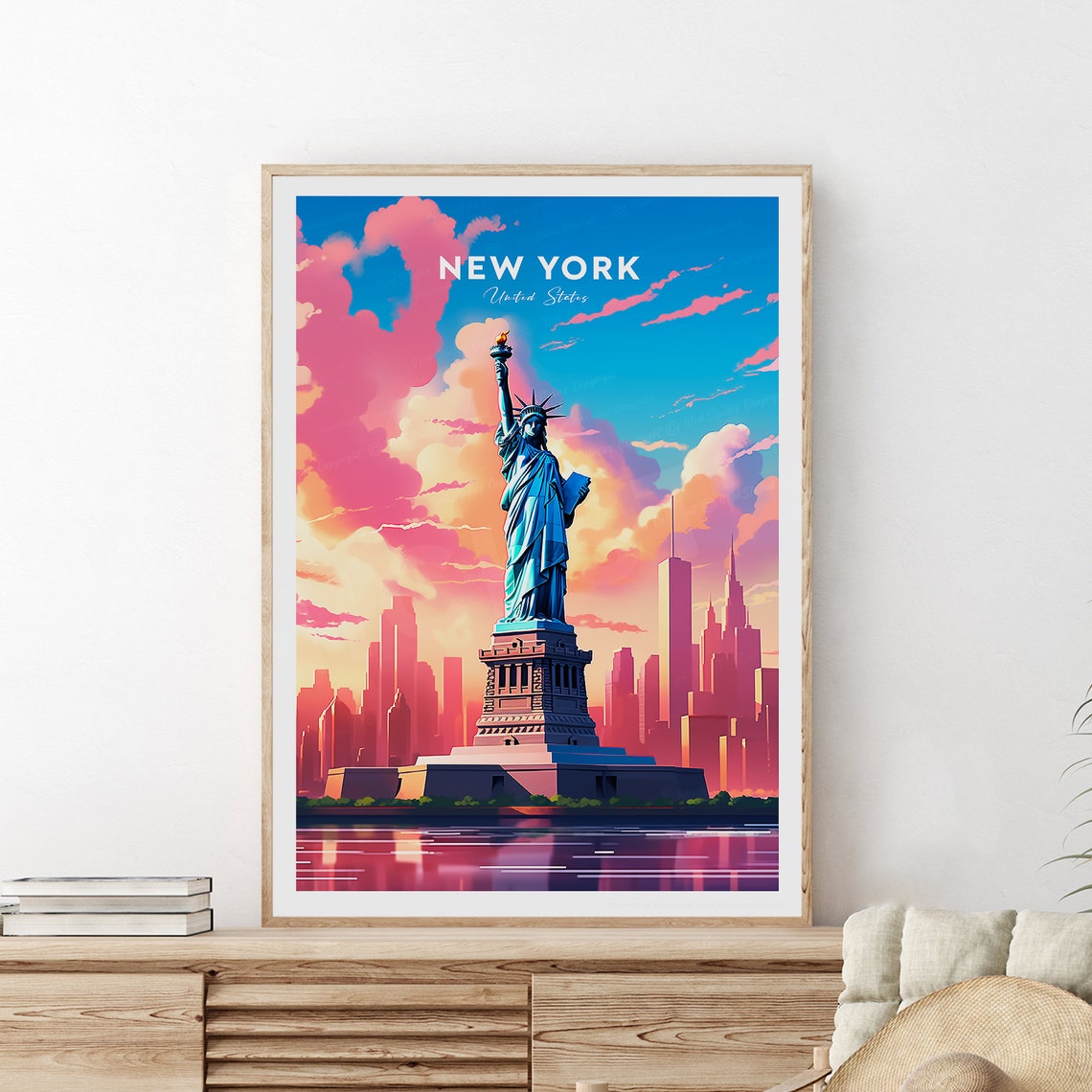 New York Statue of Liberty Pink Sunset Skyline City Travel Poster
