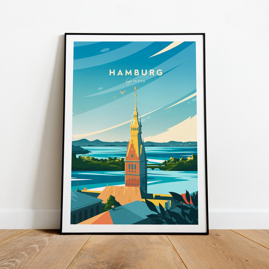 Hamburg Germany Church Spire Harbor Lake Skyline Travel Poster