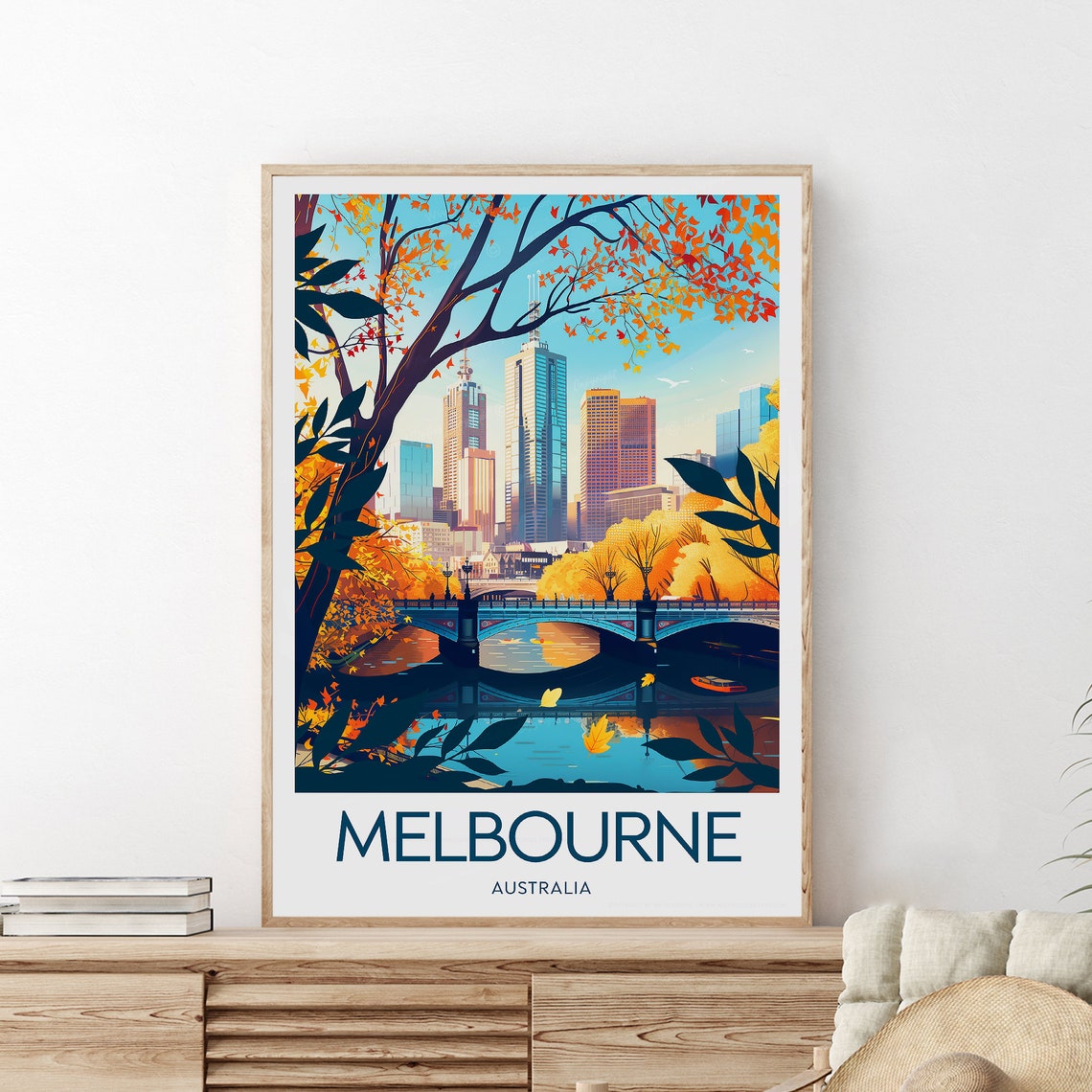 Melbourne Australia Skyline River Autumn Trees City Travel Poster