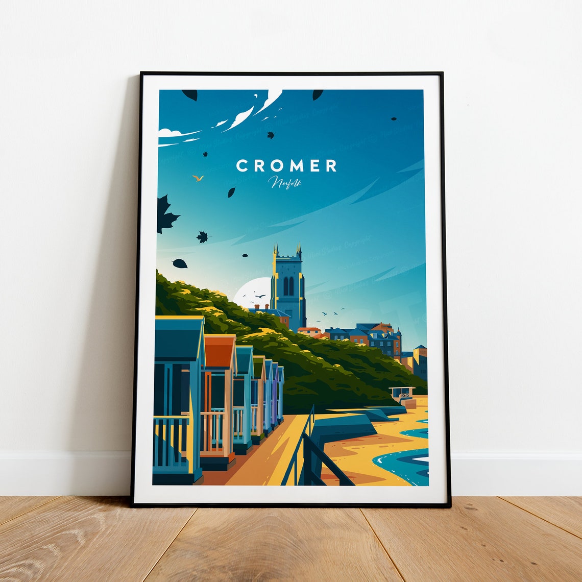 Cromer Norfolk Beach Huts And Cliff Top Church Seaside Travel Poster - Image 2