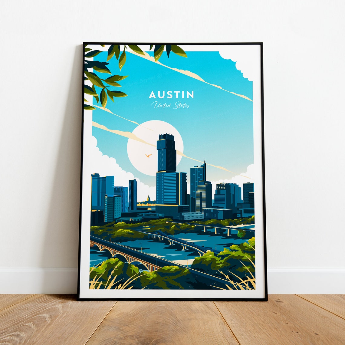 Austin Texas Skyline River Bridge Moonlit Evening Scene Poster