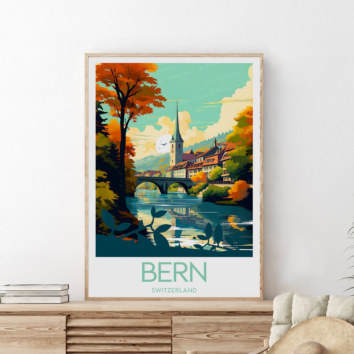 Bern Switzerland Autumn Riverside Bridge And Old Town Skyline Poster