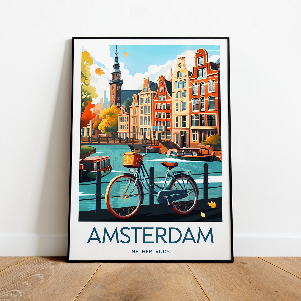 Amsterdam Netherlands Canal Bicycle Bridge Autumn Scene Poster