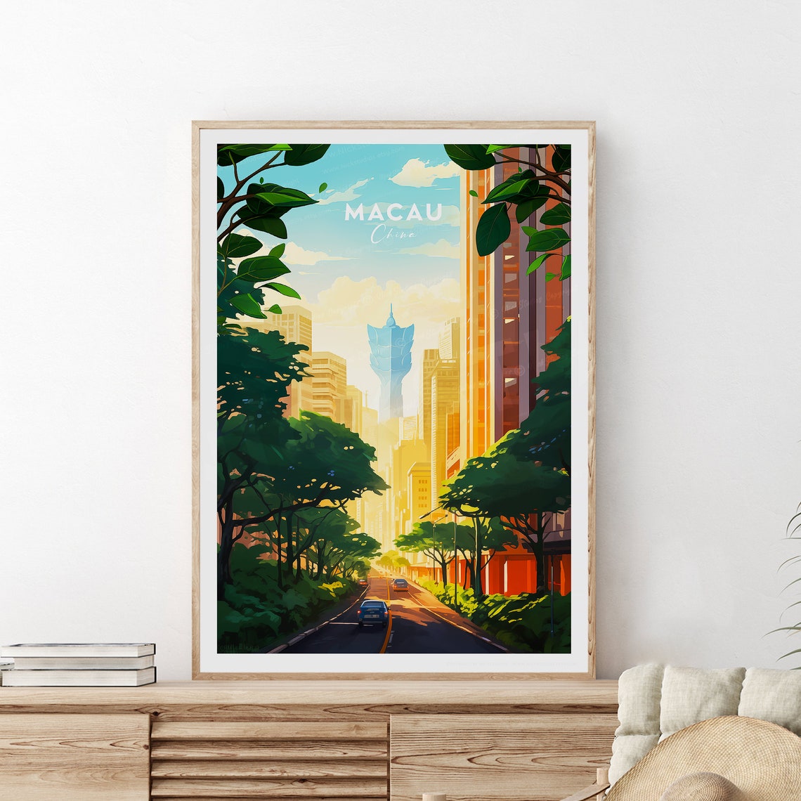 Macau China Sunlit Avenue Lined With Trees to the Tower Poster