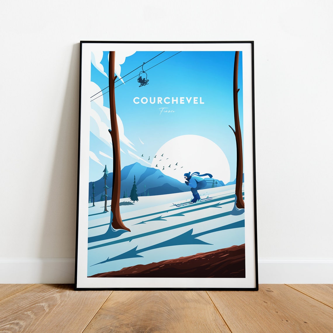 Courchevel France Skier Chairlift Snowy Slopes Winter Poster