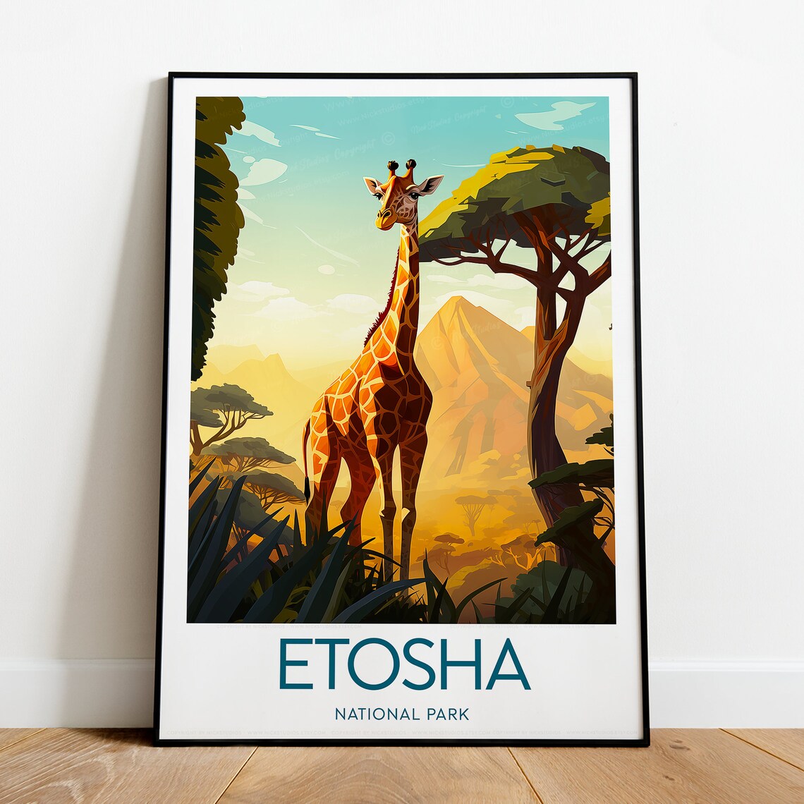 Etosha National Park Giraffe Safari Travel Poster Of Namibia