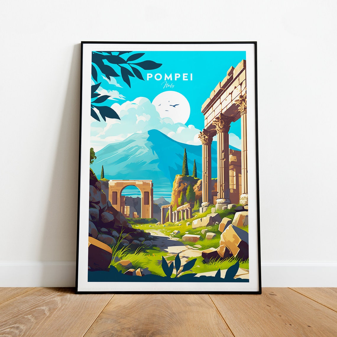 Pompei Italy Ancient Ruins and Vesuvius Mountain Travel Poster