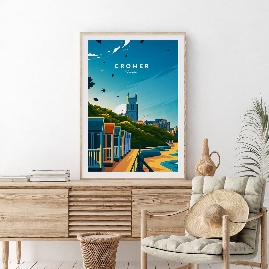 Cromer Norfolk Beach Huts And Cliff Top Church Seaside Travel Poster