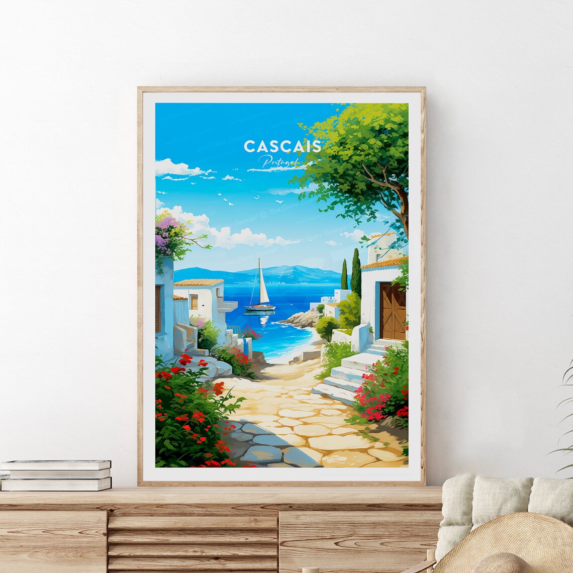 Cascais Portugal Coastal Town Sailboat Vintage Travel Poster