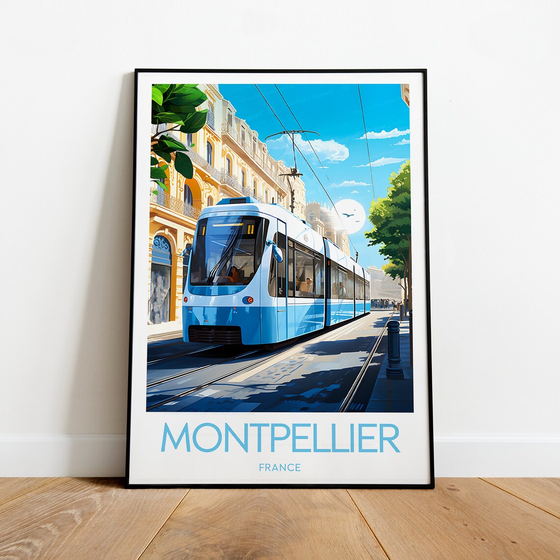 Montpellier France Blue Tram Sunny Street Historic Travel Poster - Image 2
