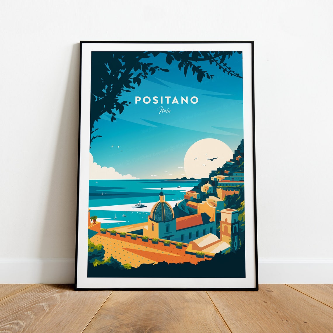 Positano Italy Amalfi Coast Church Dome Cliffs Village Travel Poster