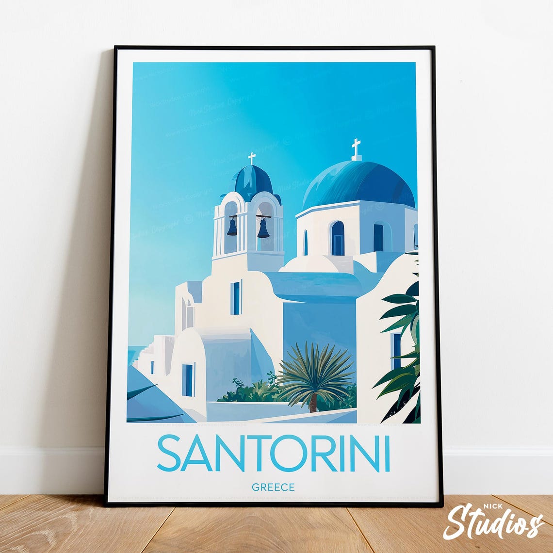 Santorini Greece White Church Blue Domes Island Scenic Travel Print