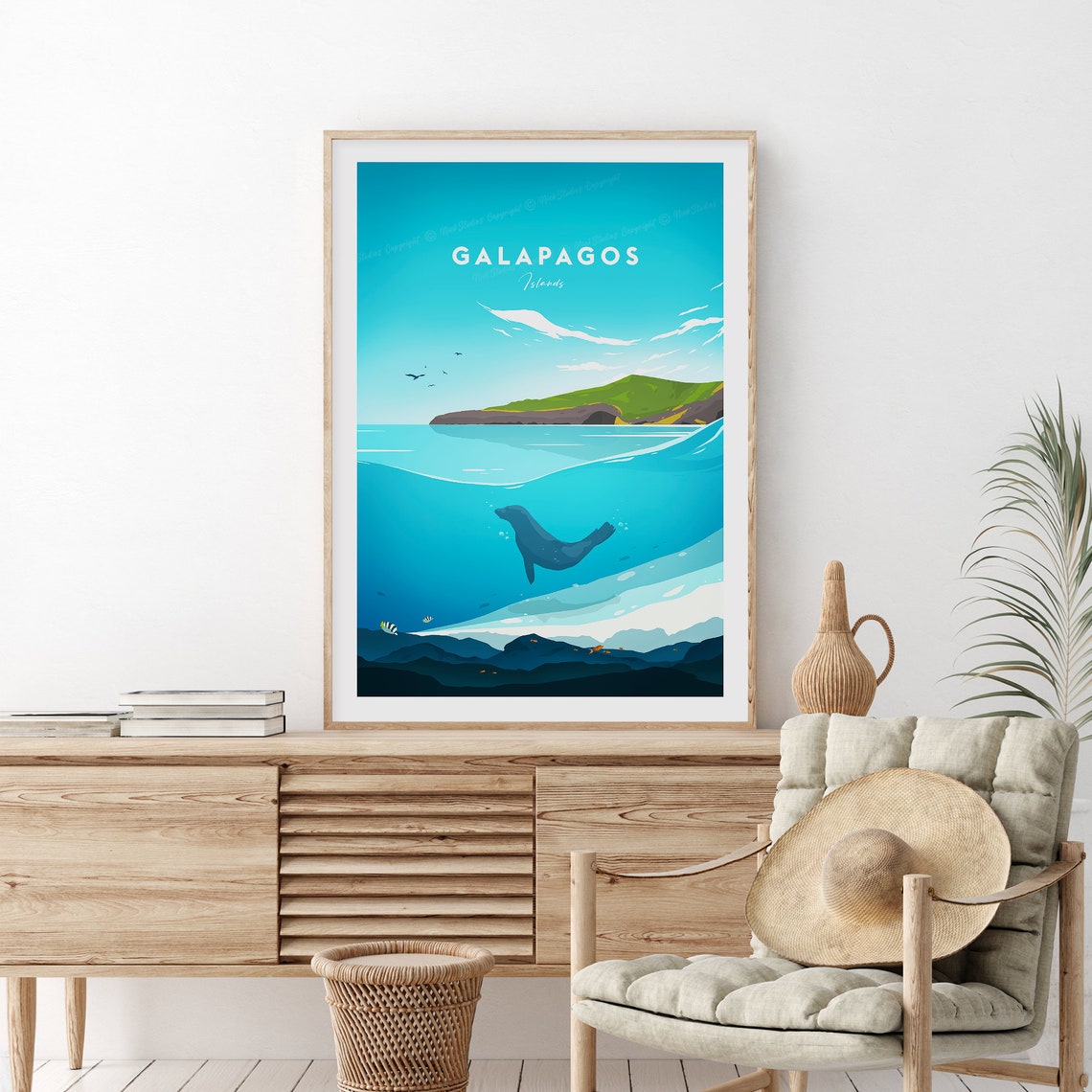Galapagos Islands Swimming Sea Lion Underwater Ocean Scene Poster