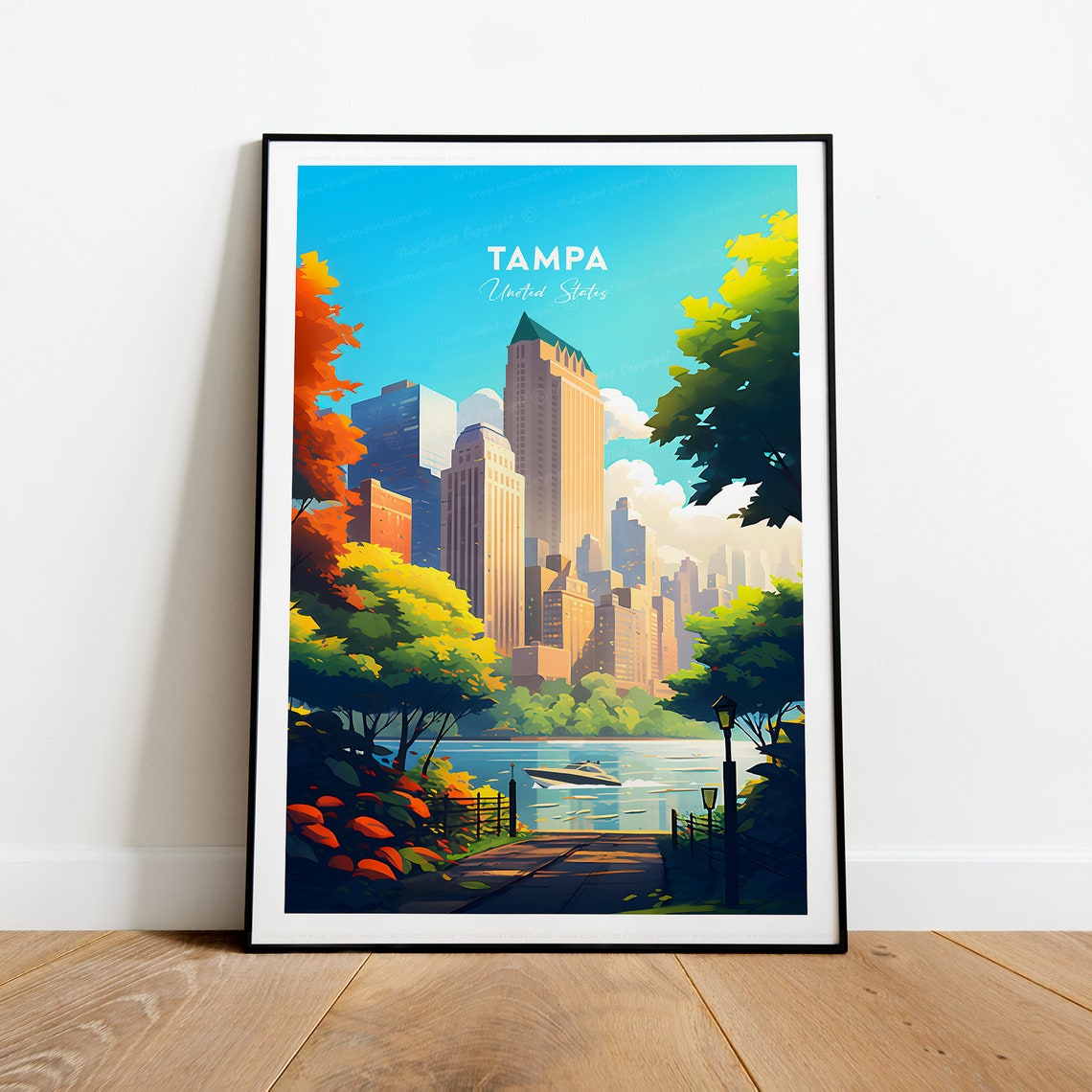 Tampa Florida Skyline River Boat Lush Green Riverbank Poster - Image 2