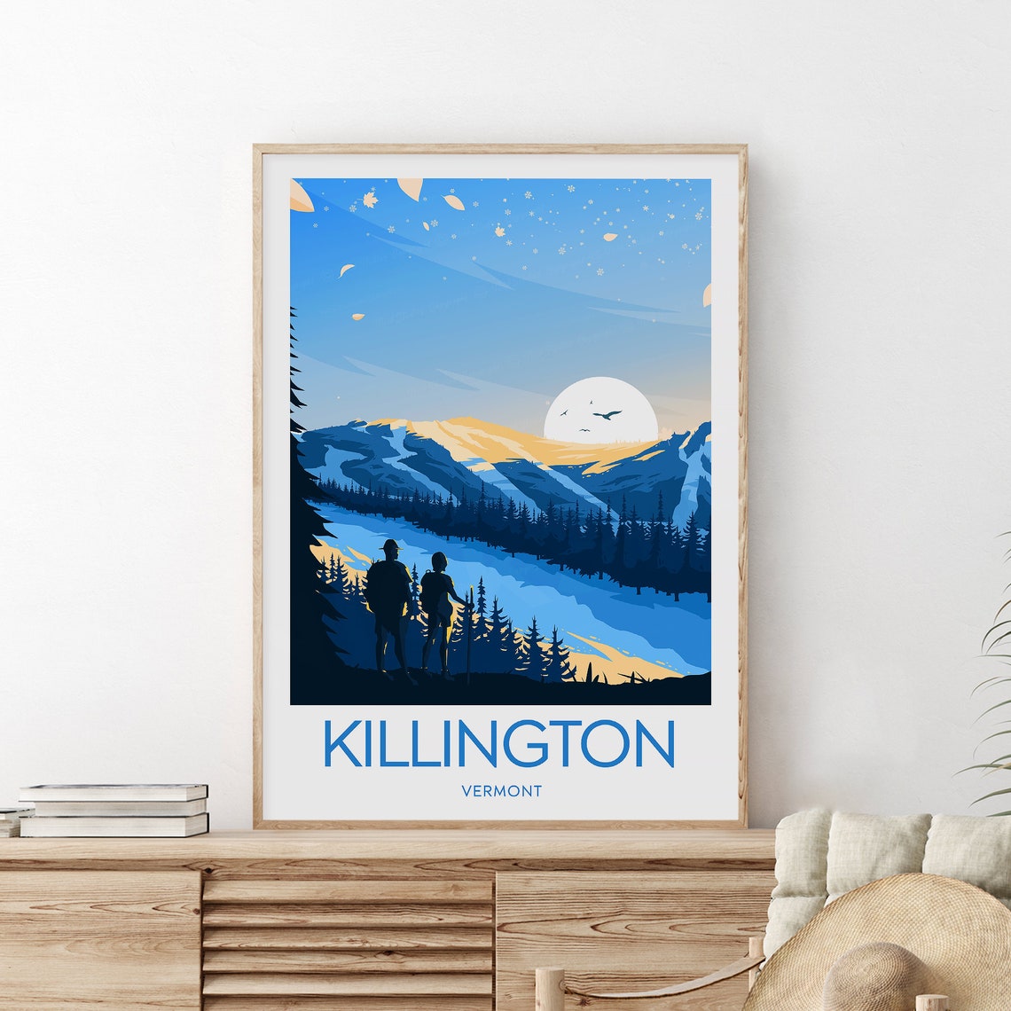 Killington Vermont Ski Peaks Sunset Hikers Vintage Travel Poster