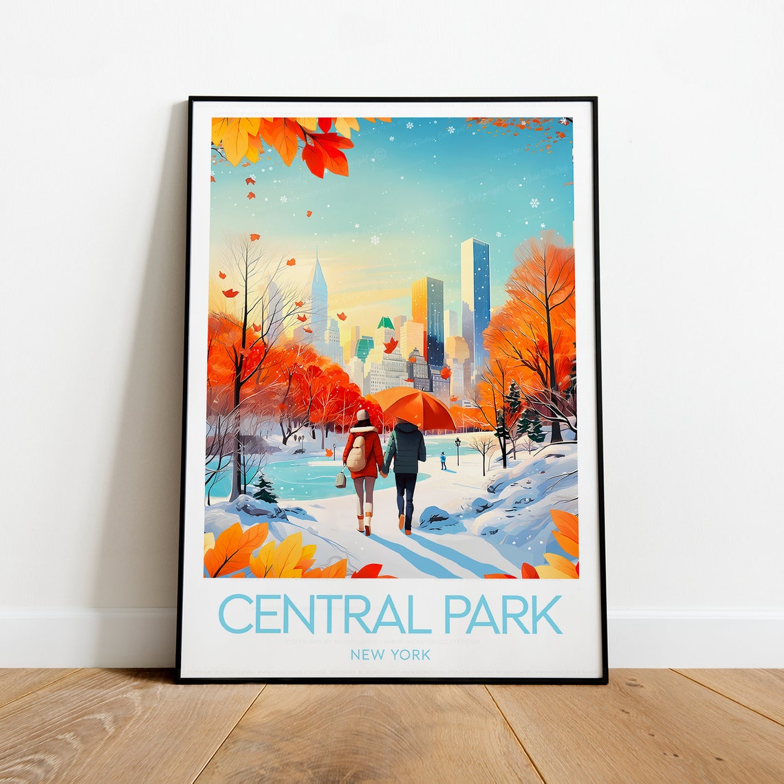 Central Park New York Autumn Foliage Couple Stroll Travel Poster - Image 2