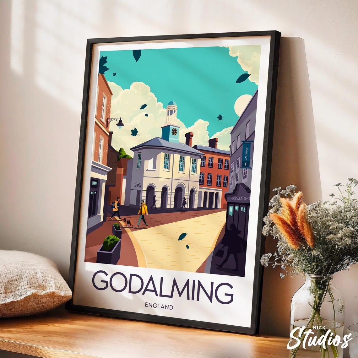 Godalming Town Square Clock Tower Autumn Scene Retro England Poster