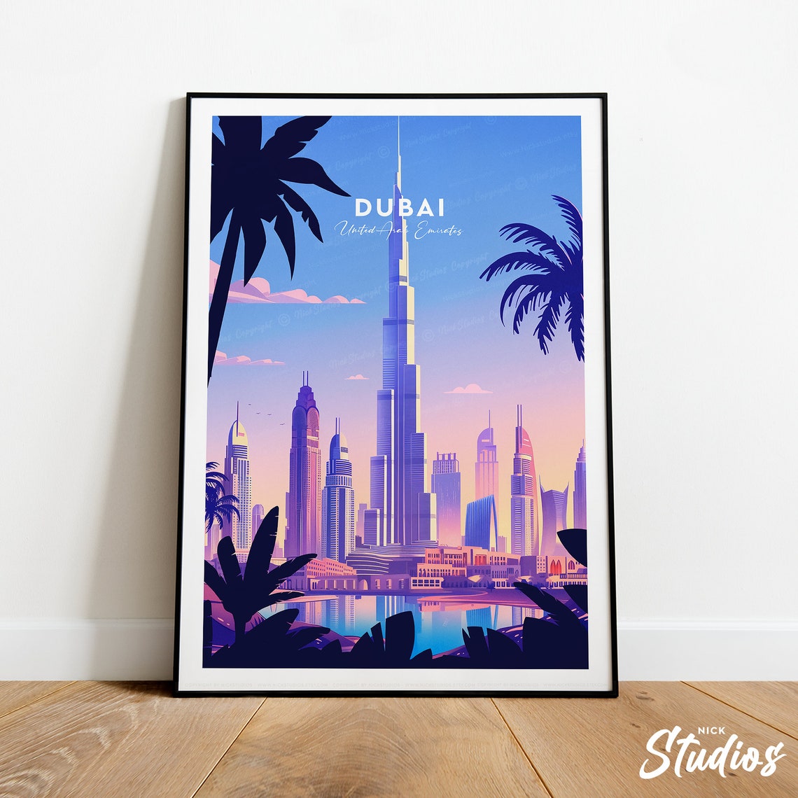 Dubai Burj Khalifa Skyline Traditional Dusk Palm Framed Poster