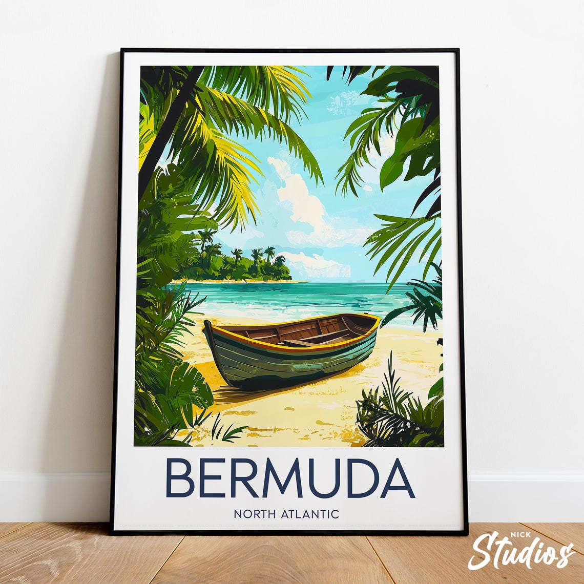 Bermuda North Atlantic Tropical Beach Boat Vintage Travel Poster