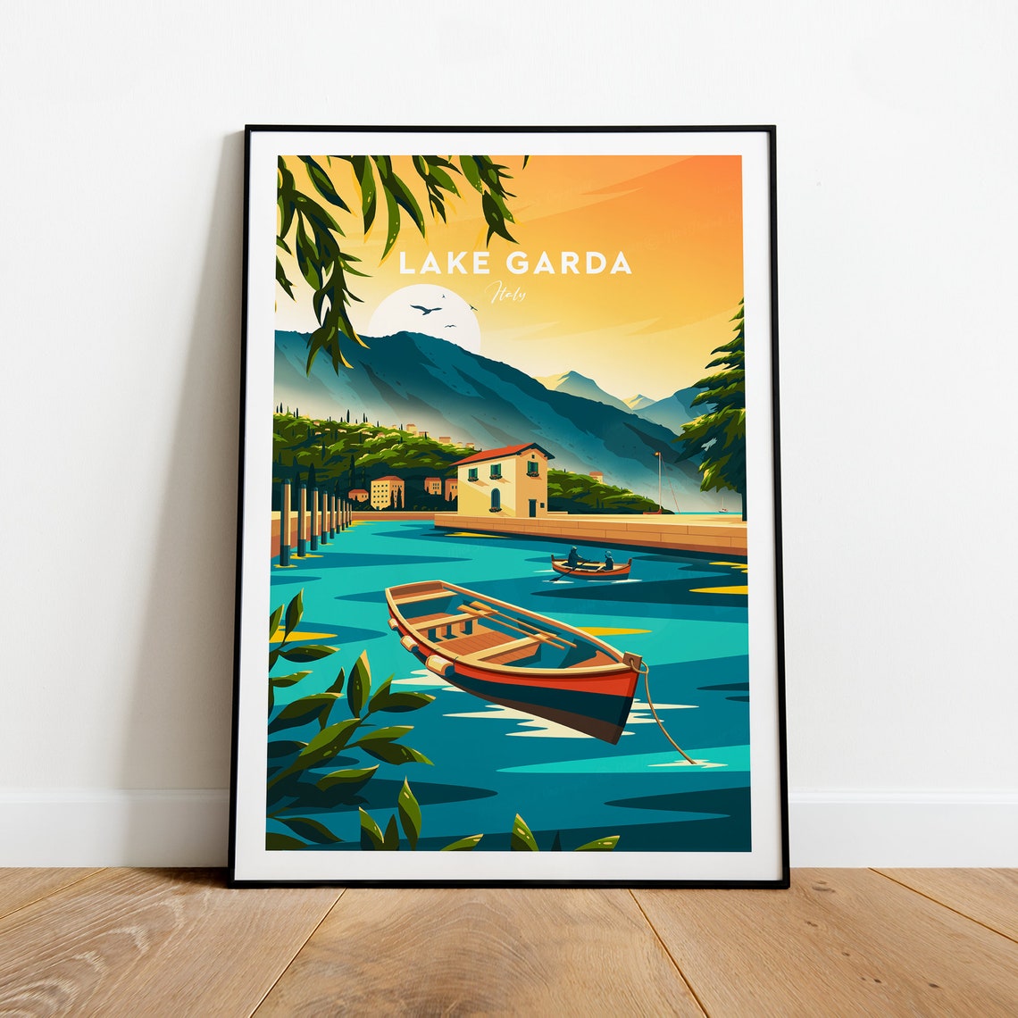 Lake Garda Italy Wooden Rowboat Sunset Mountainside Travel Poster
