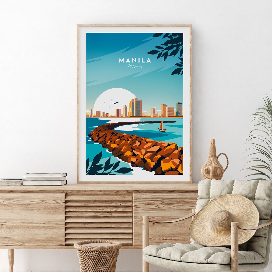 Manila Philippines Skyline Rocky Breakwater Sunset Travel Poster - Image 2