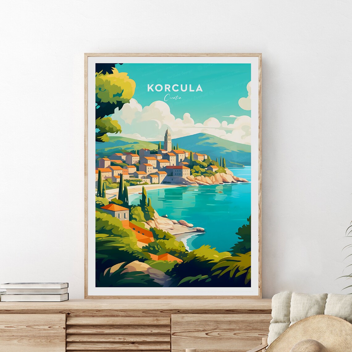Korcula Croatia Seaside Old Town on the Hill Vintage Travel Poster