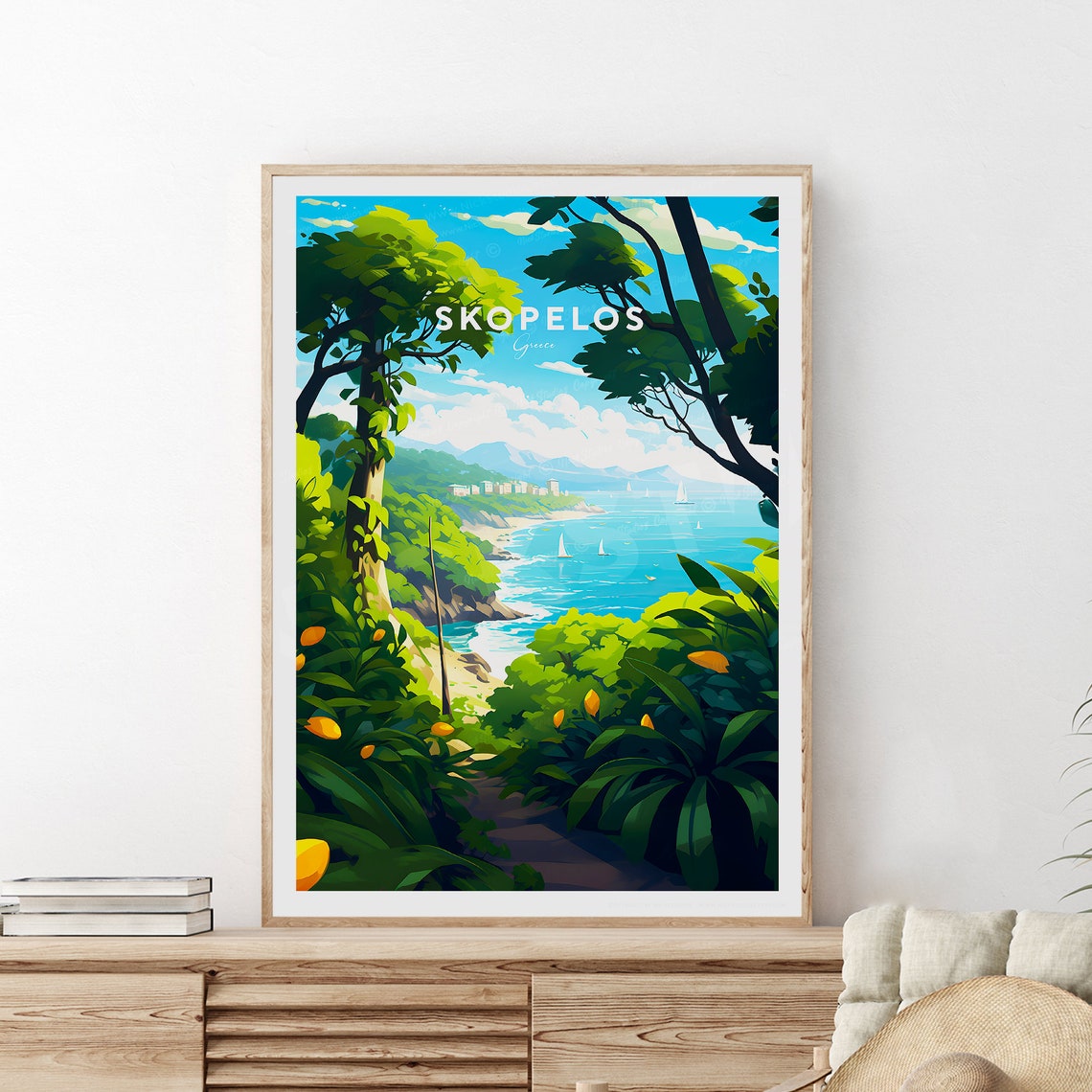 Skopelos Greece Coastal Path Sailboat Bay Green Island Poster - Image 2