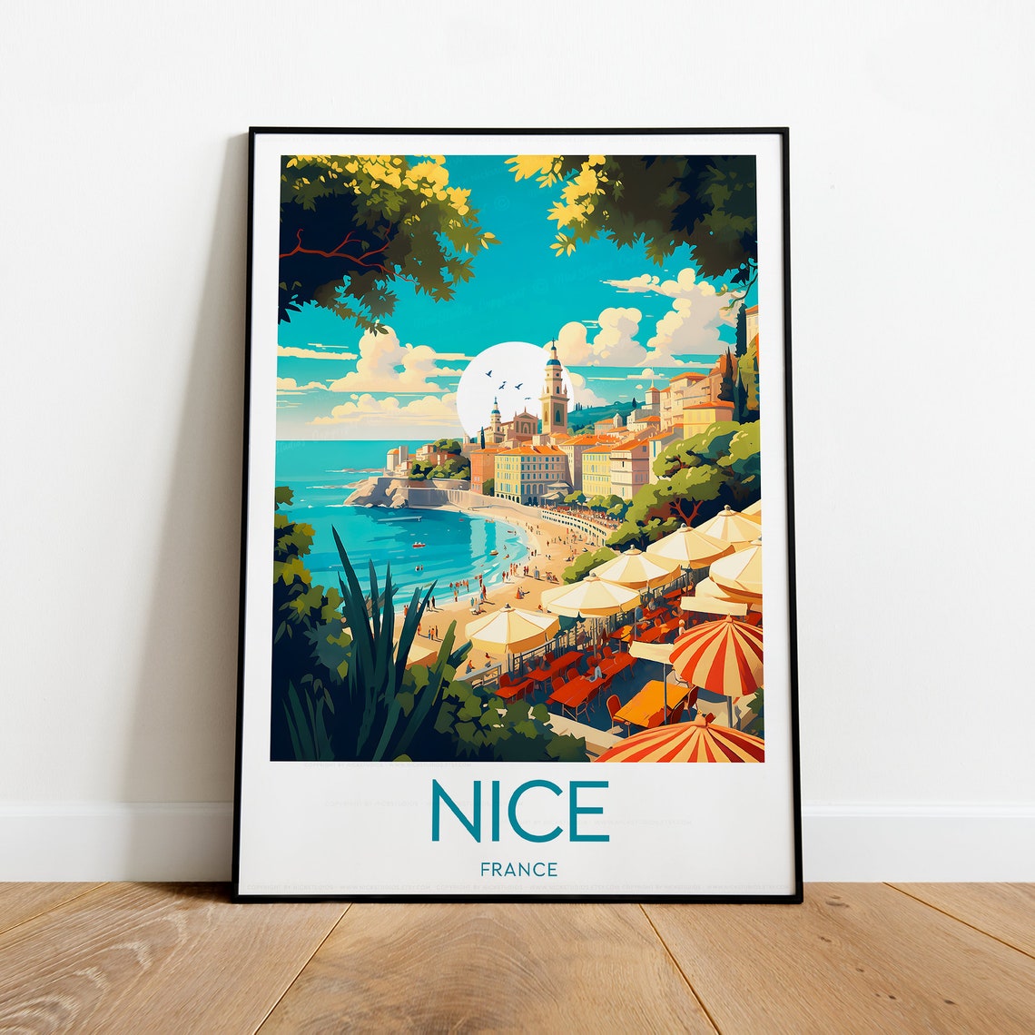 Nice France Coastal Beach Umbrellas Riviera Vintage Travel Poster - Image 2