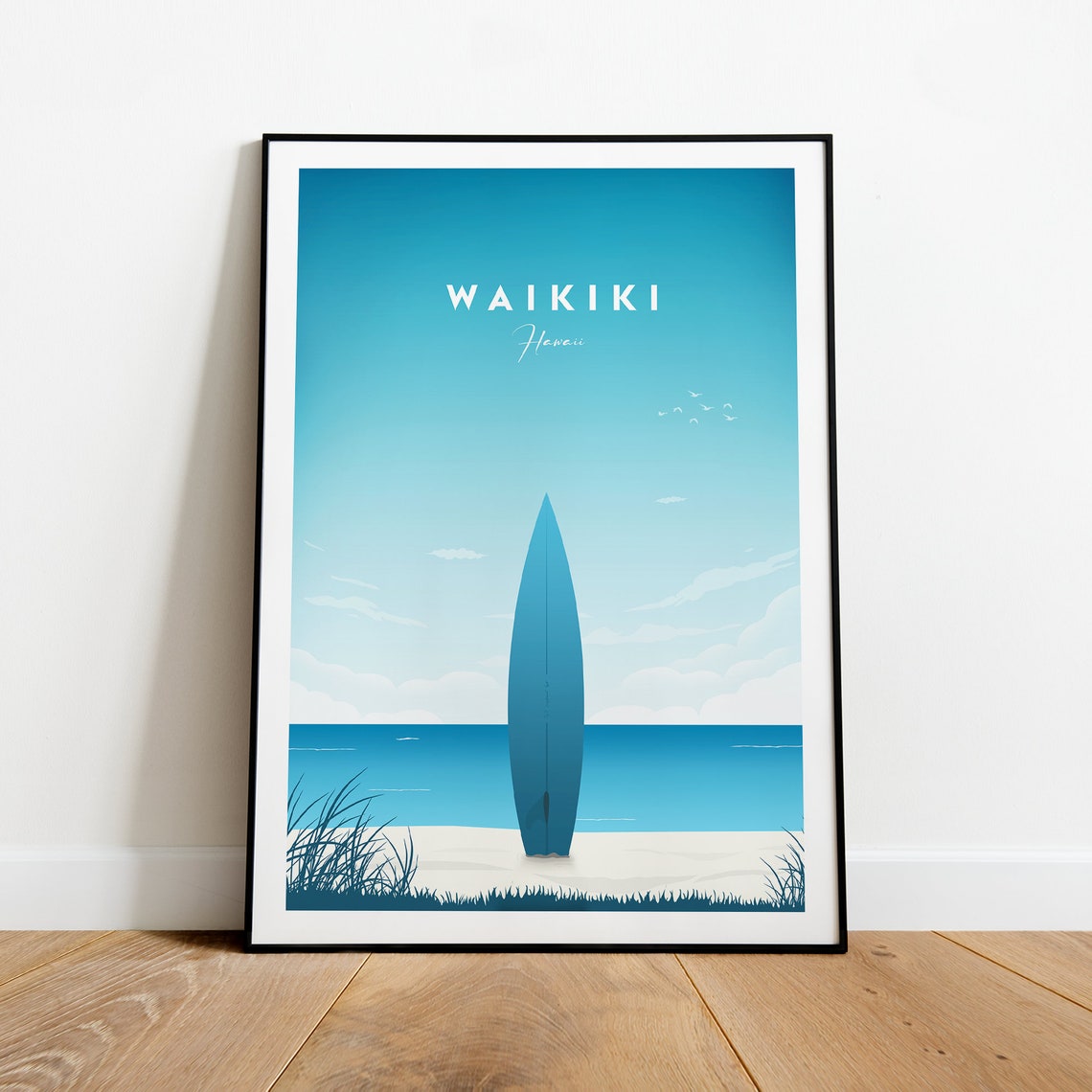 Waikiki Hawaii Surfboard Beach Sunny Minimalist Ocean Art Poster