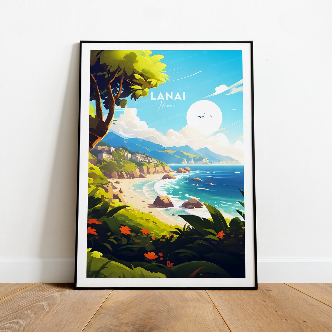Lanai Hawaii Flowered Beach Overlook In-Image Text Travel Poster - Image 2