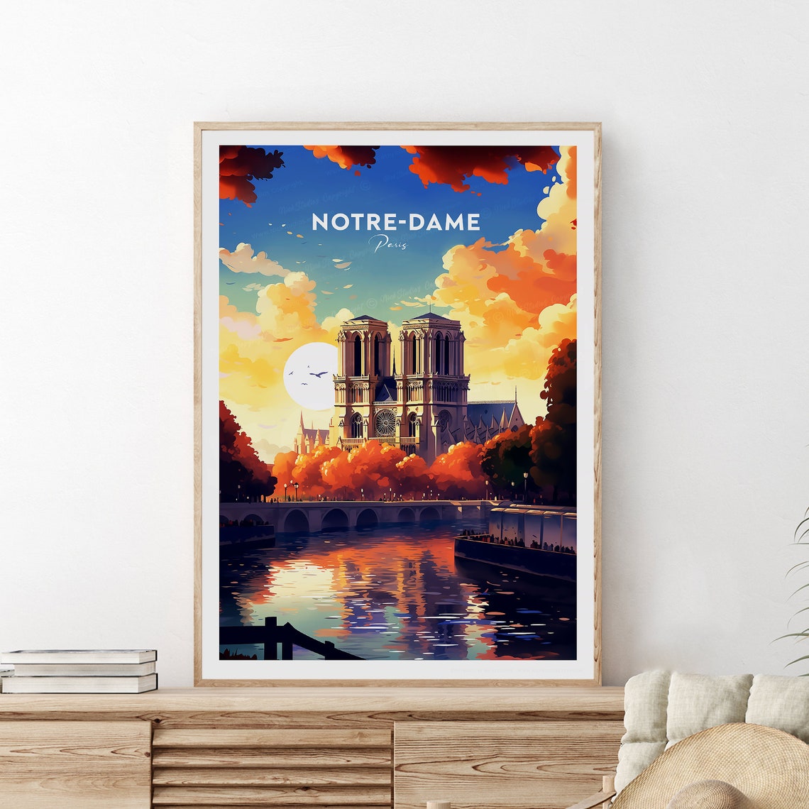 Notre-Dame Paris Cathedral Sunset Over the Seine River Poster