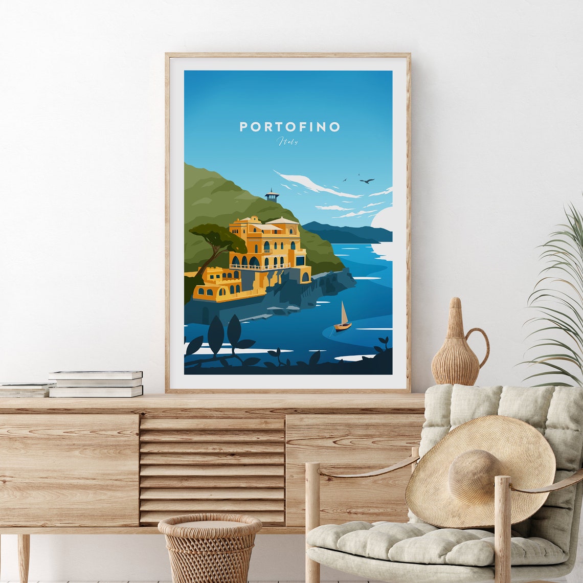 Portofino Italy Cliffside Villa Harbor Sailboat Seascape Poster - Image 2