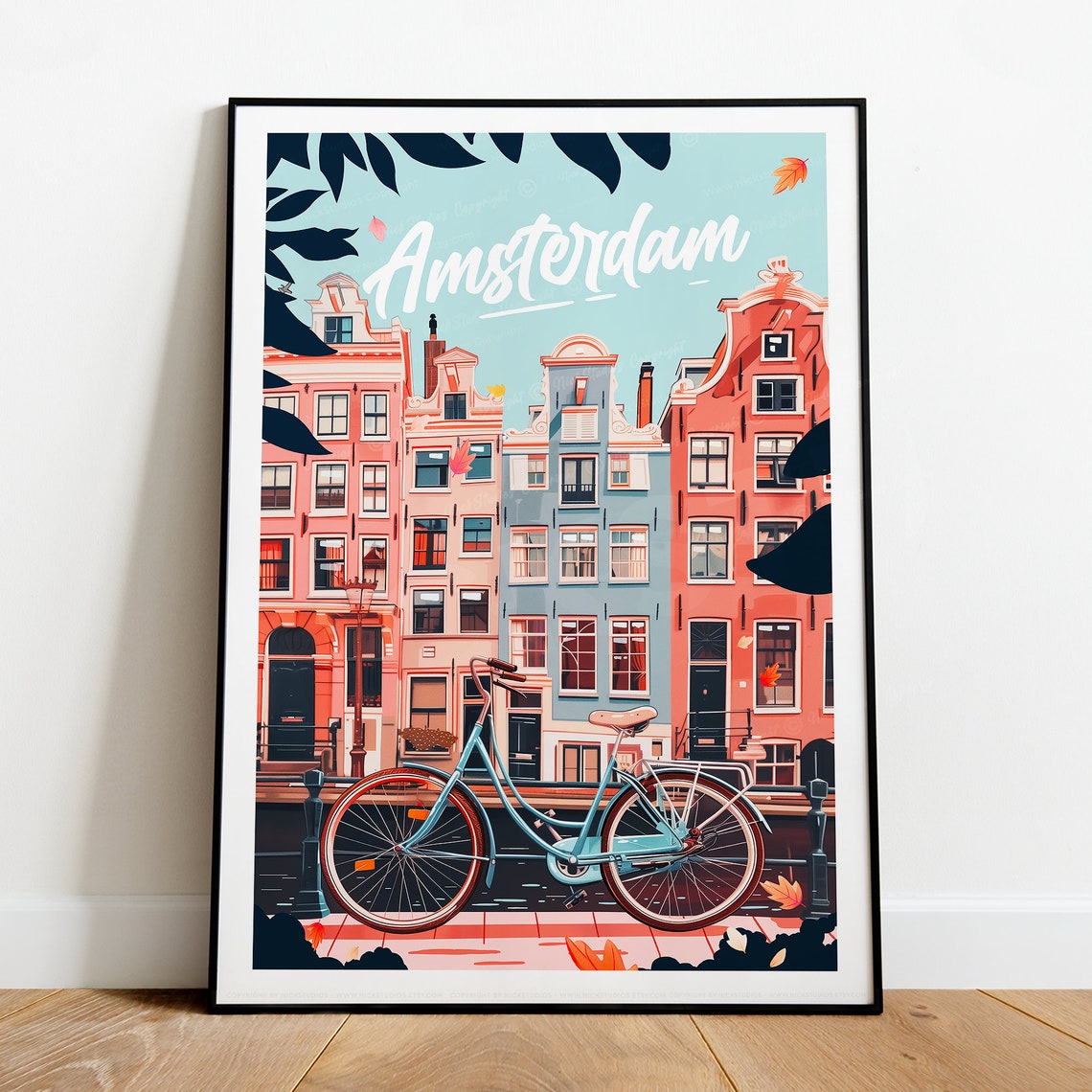 Amsterdam Netherlands Canal Houses With Bicycle In Autumn Print - Image 2