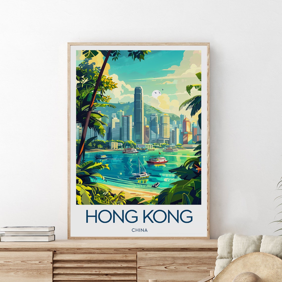 Hong Kong China Harbour Boats Skyline Through Palm Trees Poster - Image 2