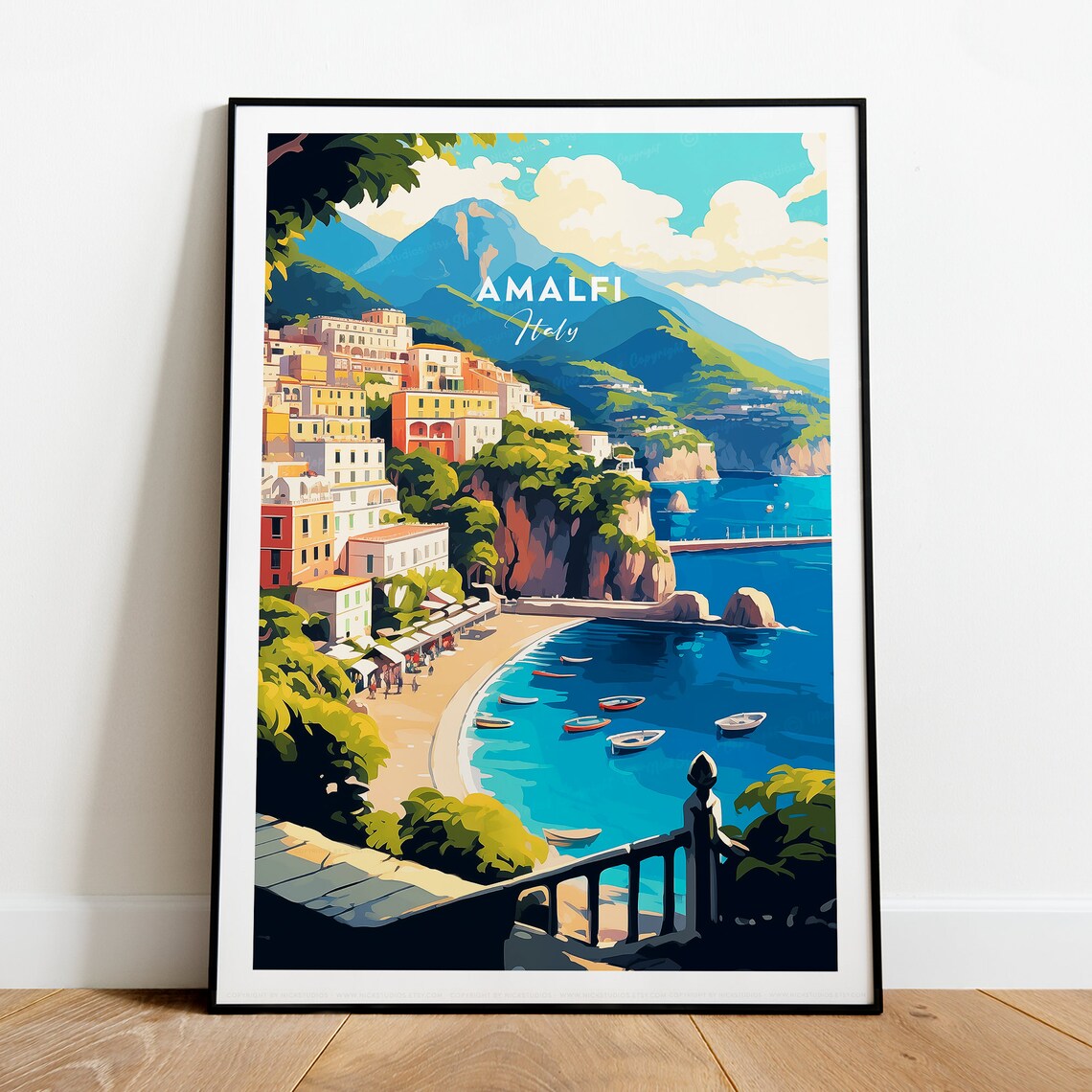 Amalfi Coast Italy Cliffside Village Harbour Boats Travel Poster - Image 2