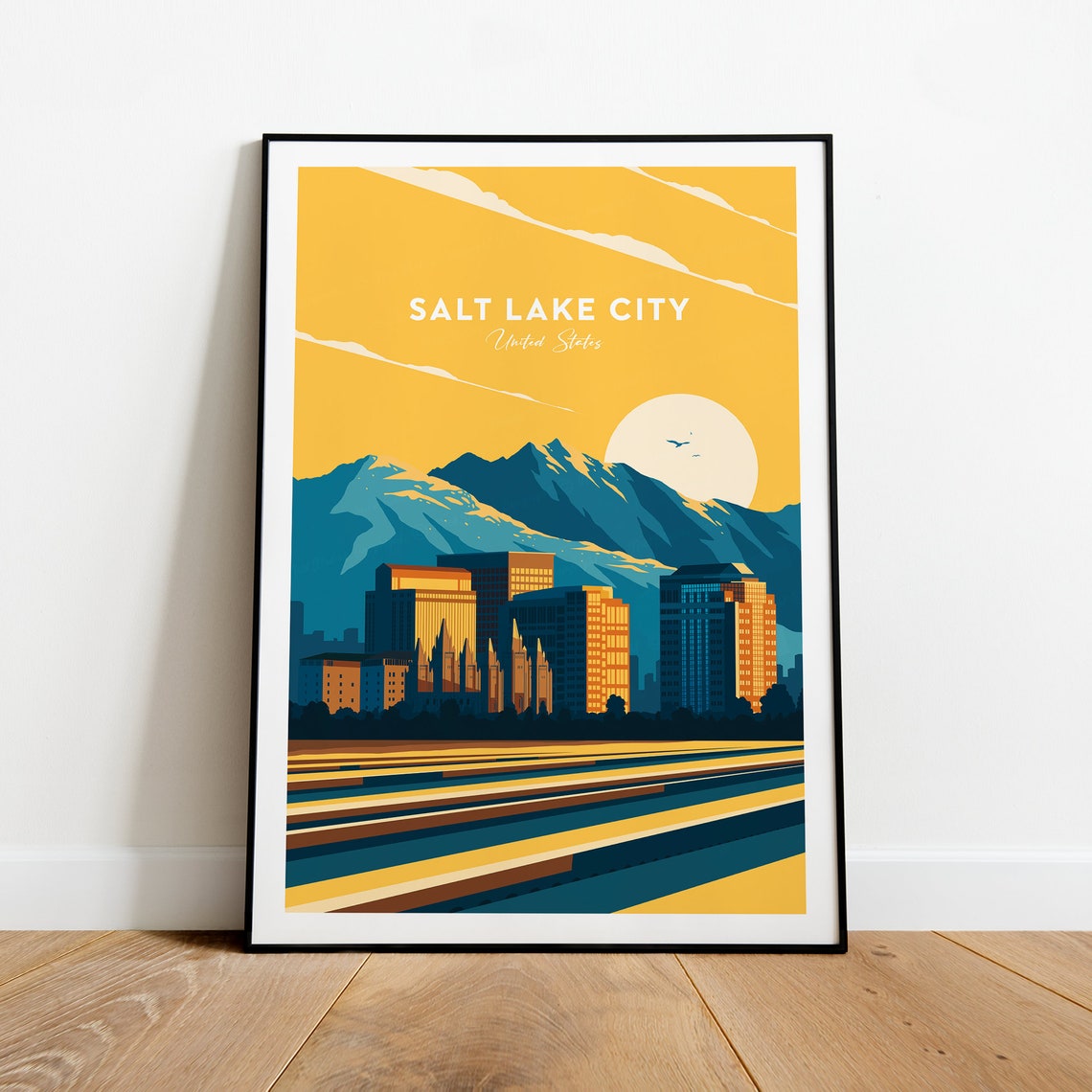 Salt Lake City Utah Golden Skyline Mountain Sunset Travel Poster