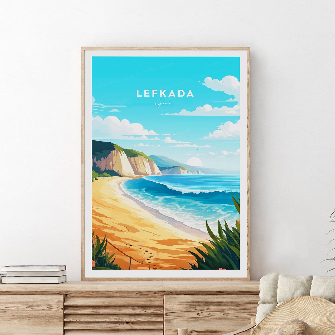 Lefkada Greece Beach Cliffs Turquoise Sea Golden Sand Travel Poster