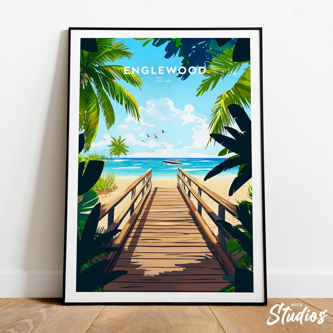 Englewood Florida Palm Boardwalk Retro Beach Travel Poster Decor