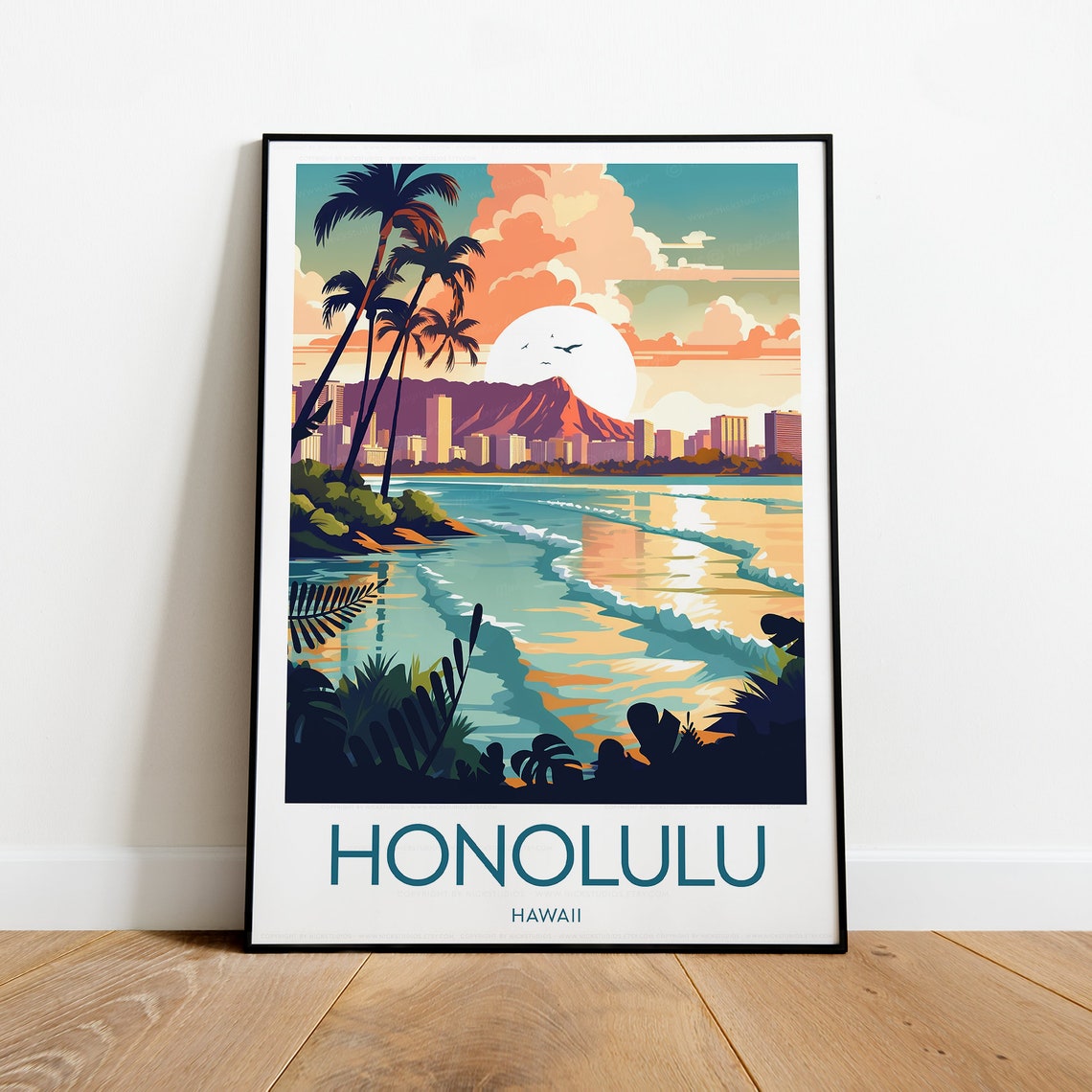 Honolulu Hawaii Waikiki Beach Palms Diamond Head Sunset Travel Poster
