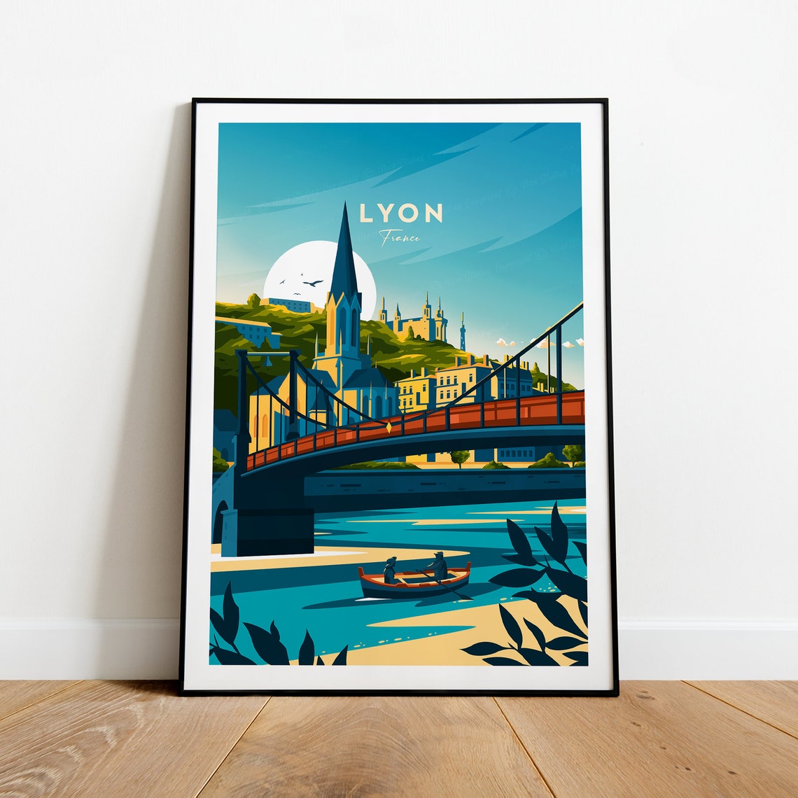 Lyon France River Bridge Basilica Hill Moonrise Travel Poster