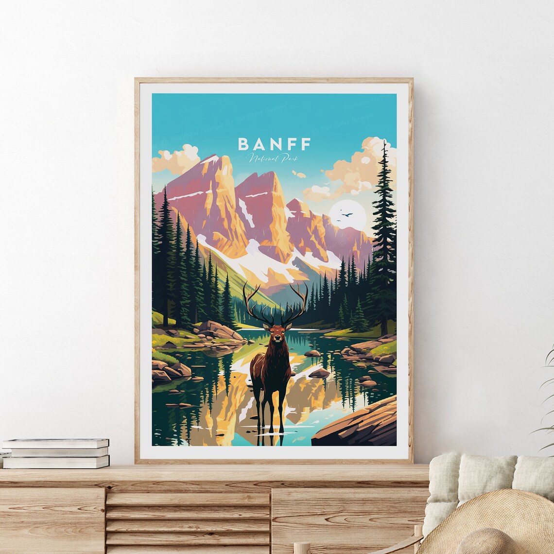 Banff National Park Elk Lakeside Mountain Sunrise Travel Poster