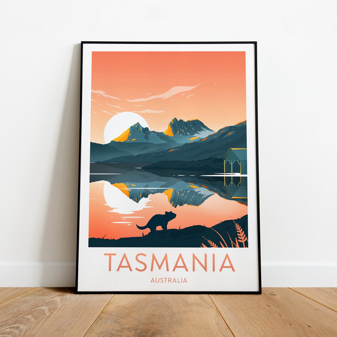 Tasmania Australia Mountain Lake Sunset Wildlife Travel Poster