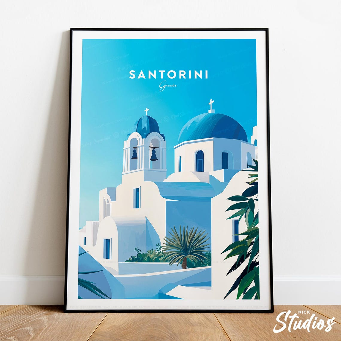 Santorini Greece Blue Domes White Church Aegean Travel Poster